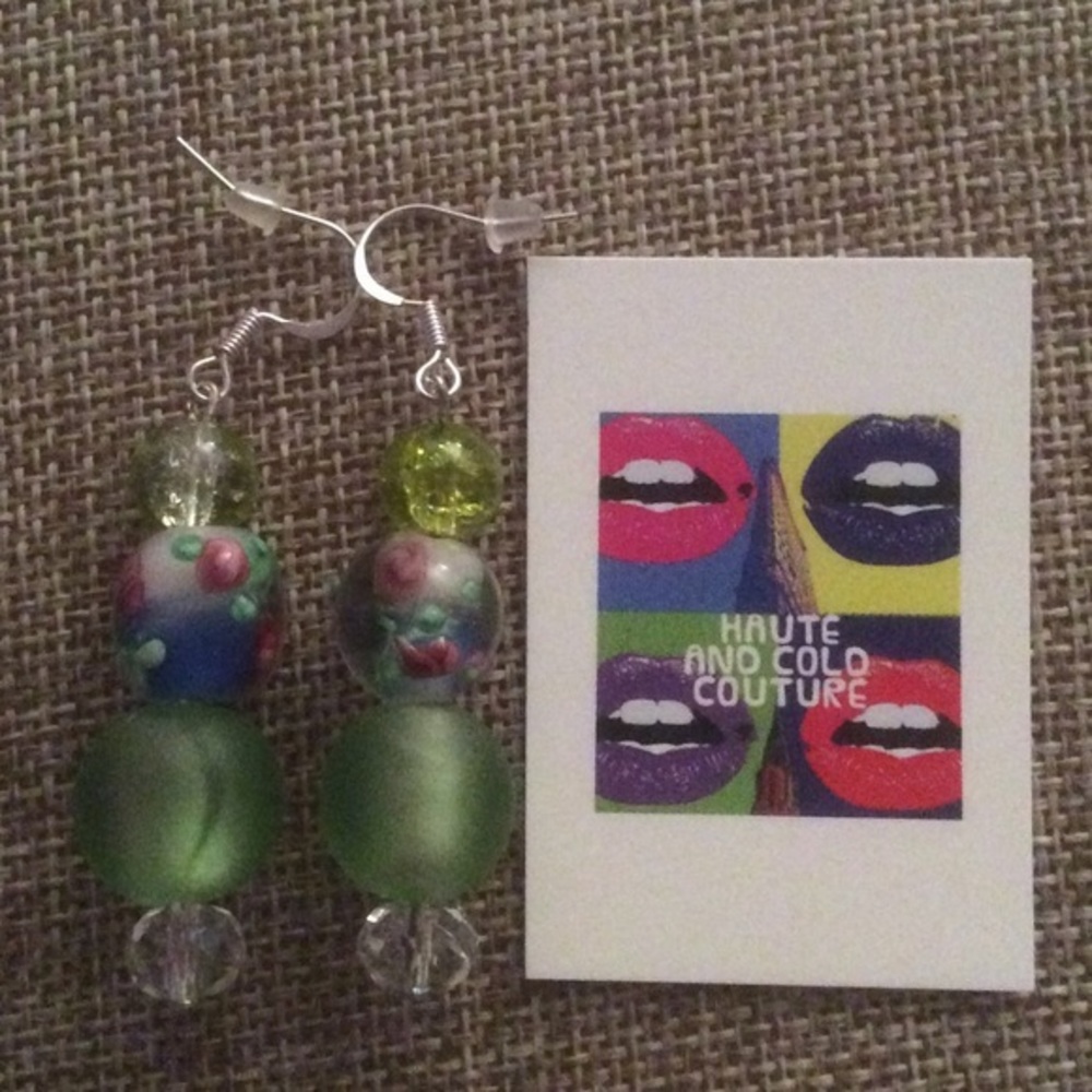NEW Handmade Floral Green Glass Earrings